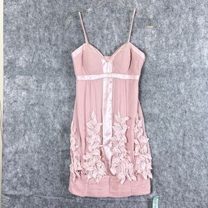 SUE WONG Vtg Y2K Mini Silk Dress Sz 4 Sweetheart Blouson 3D Flowers Soft Pink